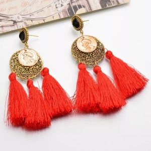 Red Tassel Gold Chandelier Cocktail Earring